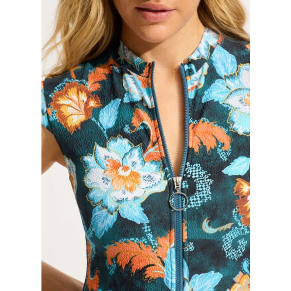 SEAFOLLY Spring Festival Zip Front One Piece Swimsuit US 12 Navy Blue Floral NWT - Picture 2 of 13